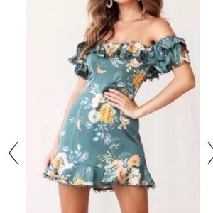 Angel Biba Teal Floral Ruffle Off Shoulder Mini Dress